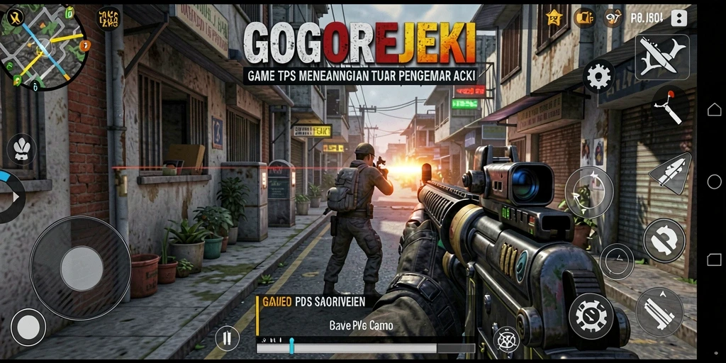 Tangkapan layar utama GOGOREJEKI menampilkan aksi pertempuran yang seru.