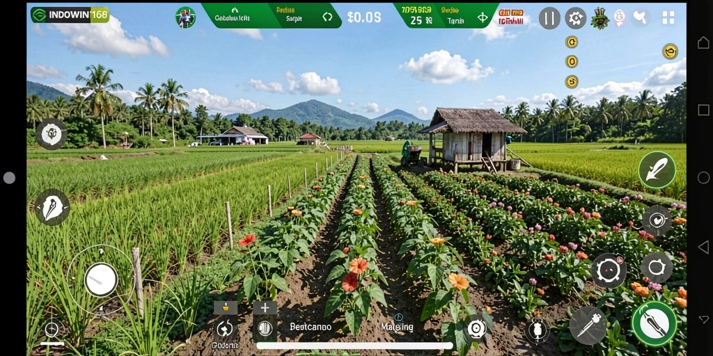 Tampilan gameplay INDOWIN168 yang menampilkan kebun yang subur dan hewan ternak.