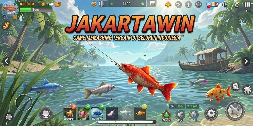 Tampilan gameplay seru dalam JAKARTAWIN menunjukkan aksi memancing yang mendebarkan.