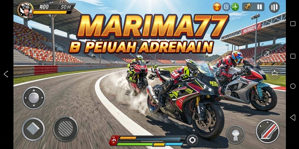 Tampilan gameplay seru MARIMA77 dengan balapan motor yang menegangkan.