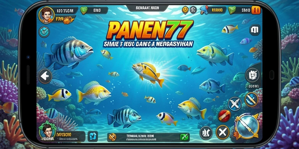 Screenshot utama PANEN77 menunjukkan aksi menangkap ikan yang seru.
