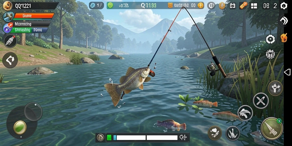 Screenshot gameplay QQ1221 yang menunjukkan suasana memancing yang menegangkan.