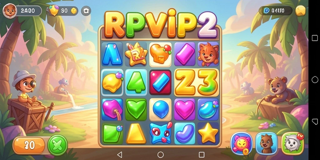 Tangkapan layar RPVIP2 menunjukkan serunya permainan Match-3 yang penuh warna.