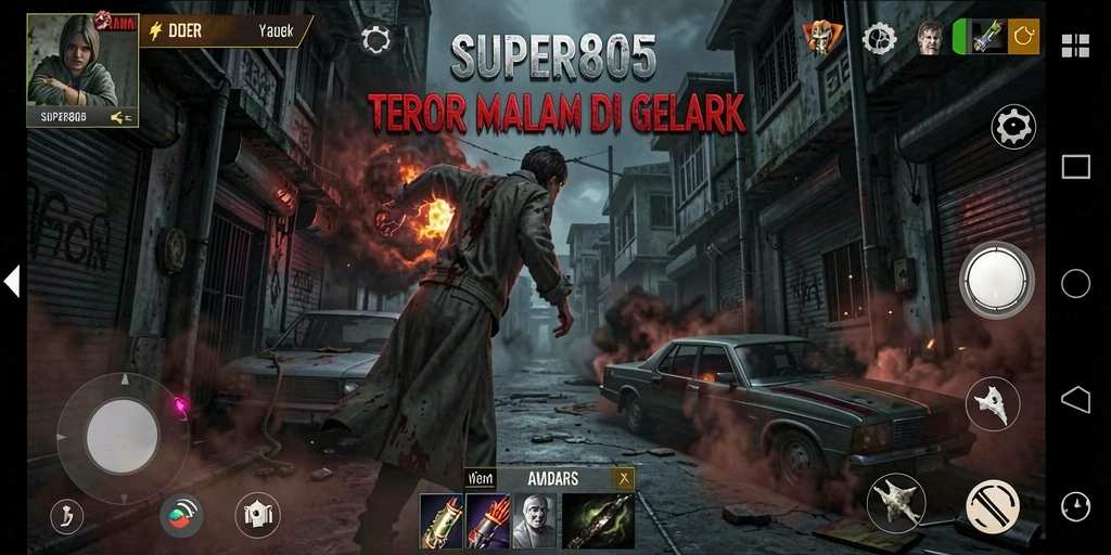 Tampilan gameplay SUPER805 dengan suasana horror yang mendebarkan.